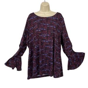 Susan Graver Top 2X Brushed Liquid Knit Purple Abstract Geo Bell Sleeve A343073
